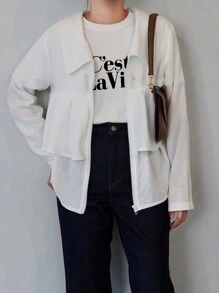 FRIFUL 女士纯色前拉链长袖简约透视休闲衬衫，荷叶边 - 白色 - 查看 4