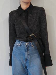 FRIFUL Women's Spring Autumn Ribbed Long Sleeve Buttoned Form-Fitting Contrast Color T-Shirt
