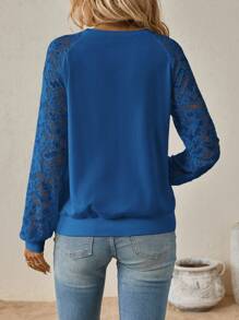 SHEIN Clasi Sudadera de cuello redondo con parches de encaje de unicolor de manga larga para otoño/invierno - azul real - Ver 2