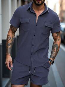 Manfinity Homme Men Solid Color Simple Daily Short-Sleeved Shirt Shorts Suit - Dark Grey - View 1