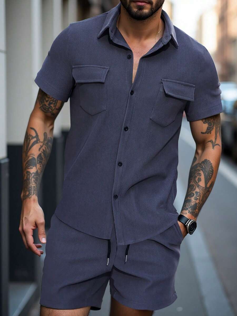 Manfinity Homme Men Solid Color Simple Daily Short-Sleeved Shirt Shorts Suit - Dark Grey - View 1