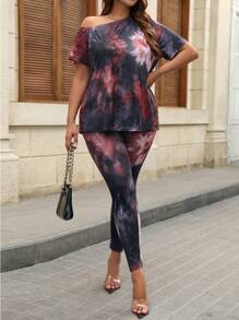 EMERY ROSE 2 件大码扎染印花不对称领短袖上衣和裤子套装 - 彩色 - 查看 1