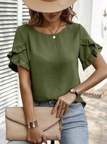 SHEIN Clasi Solid Color Round Neck Ruffle Trim Short Sleeve Blouse, Summer - Army Green - View 5