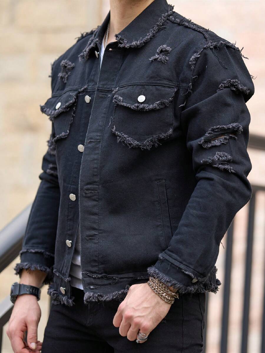 Manfinity LEGND Men's Front Button Long Sleeve Frayed Edge Casual Denim Jacket - Black - View 1