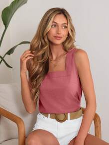 Wildy Vacation Casual Solid Color Square Neck Tank Top - Pink - View 1