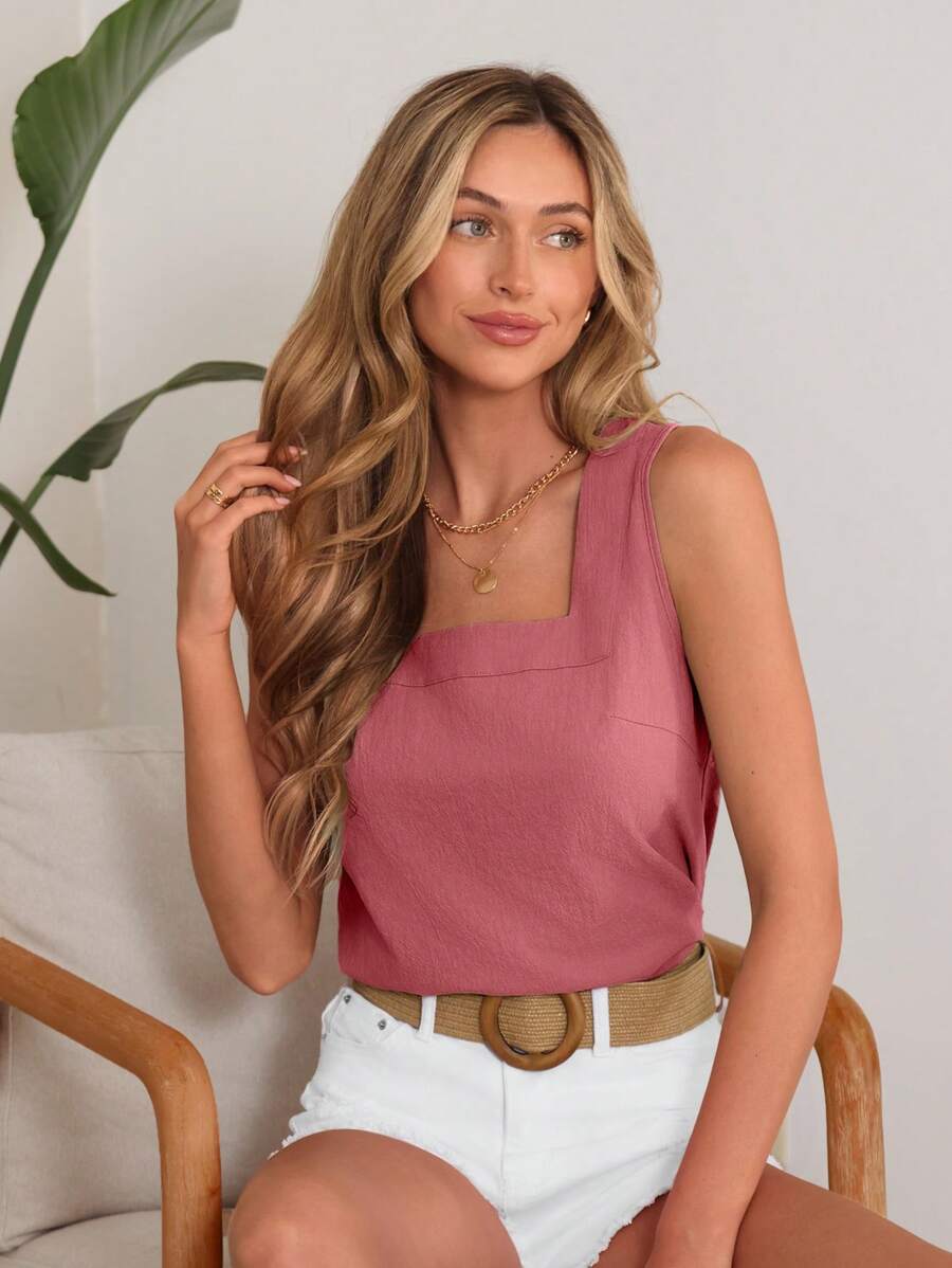 Wildy Vacation Casual Solid Color Square Neck Tank Top - Pink - View 1
