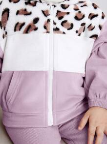 SHEIN Leap Crew 女婴拼色豹纹羊毛连帽夹克 - 紫丁香色 - 查看 7