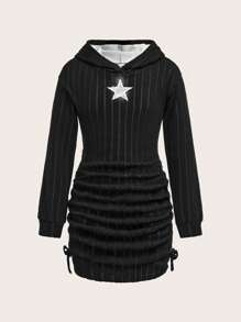SHEIN Vestido largo con capucha de niña preadolescente, decorado con estrellas brillantes, para otoño/invierno, diseño esponjoso y grueso