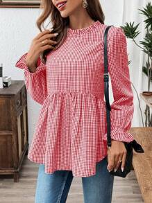 SHEIN LUNE Neckline Ruffle Hem Gingham Long Sleeve Casual Blouse With Frilled Edges On The Sleeves And Collar