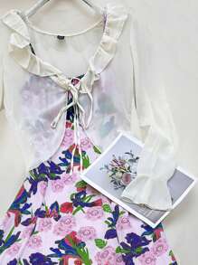 Modelyn 女士優雅假日印花連衣裙，設有荷葉邊透視上衣和內裏連身裙 - 玫紅色 - 查看 3