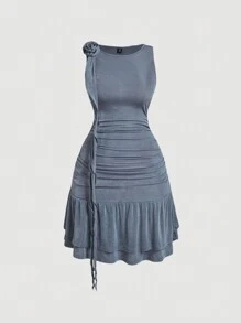SHEIN MOD Đầm chữ A cổ tròn không tay họa tiết hoa 3D dễ thương cỡ lớn cho bé gái thường ngày màu xám bóng - Xám - Xem 1