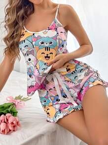 SHEIN 女士可爱猫咪印花吊带背心和短裤睡衣睡衣套装 - 彩色 - 查看 4