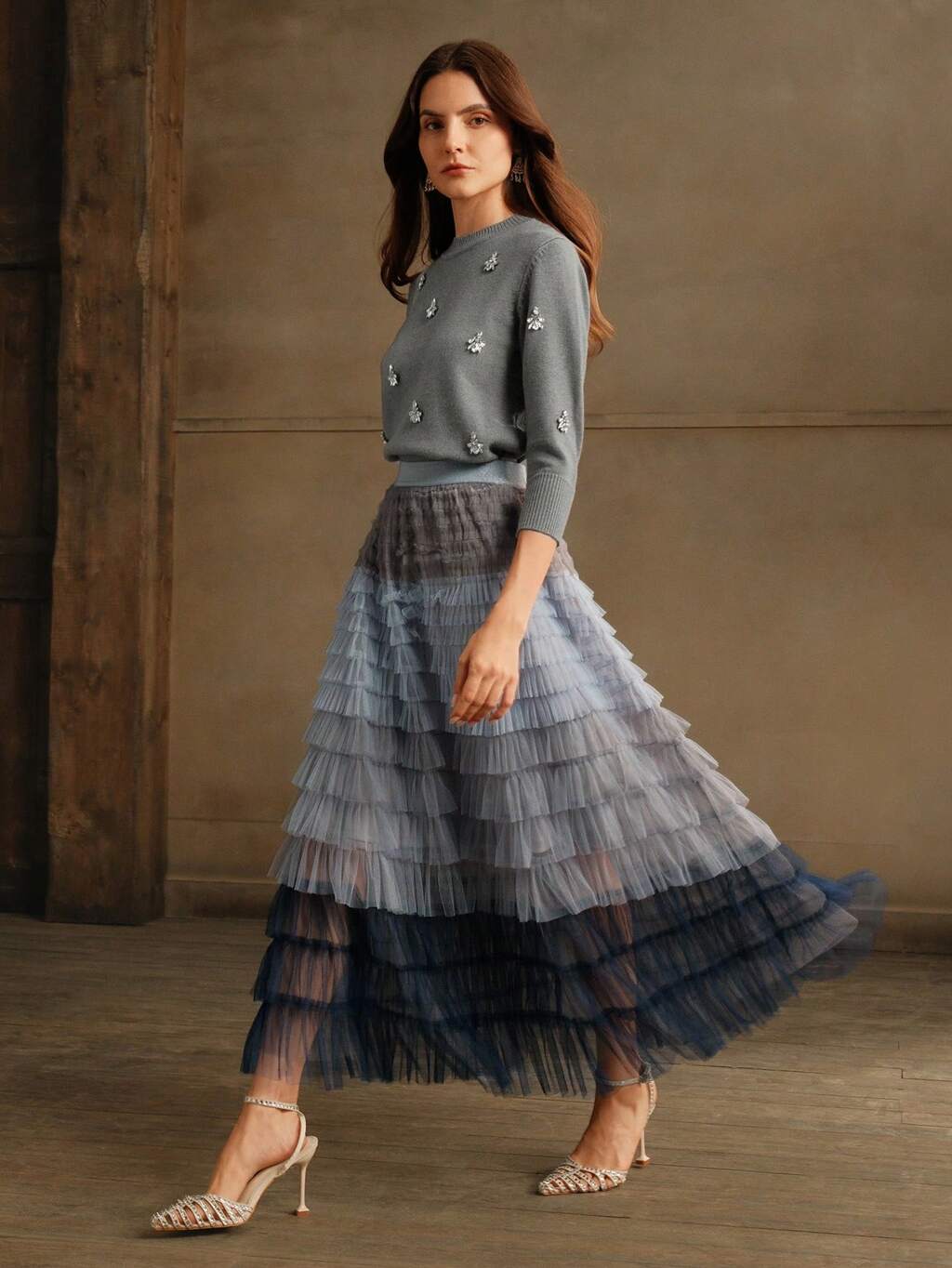 Falda de tul con contraste de malla degradada para mujer, para fiesta y uso diario