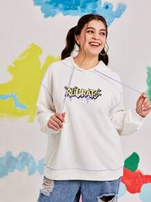 Nick 90s X SHEIN Sudadera con capucha blanca de talla grande informal con estampado de letra de dibujos animados y costuras contrastantes con caída de hombros