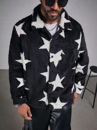 Manfinity Roughcore Chaqueta de manga larga con botones y estampado de estrellas para hombre de talla grande, otoño/invierno
