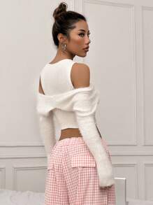 SHEIN Unity Sweater Wanita Lengan Panjang Kerah Bulat Warna Polos dengan Lubang-lubang, Kasual Sehari-hari, Pullover Rajut Musim Gugur Musim Dingin - Putih - View 2