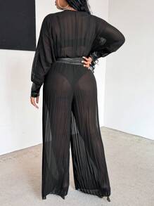 Maweii Plus Size Women PU Patchwork Casual Pleated Batwing Sleeve Top & Wide Leg Pants Set - Black - View 6