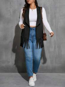 SHEIN Essnce 大码女式春秋季纯色麂皮流苏常规背心夹克 - 黑色 - 查看 3