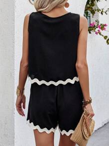 SHEIN LUNE Conjunto Colorido Con Tejido De Borde De Conchas Y Detalle De Cinturón - Negro - Ver 2