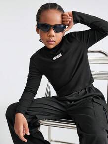 SHEIN Conjunto de 2 peças de blusa e calça minimalistas para meninas adolescentes, cor sólida, gola alta, manga comprida