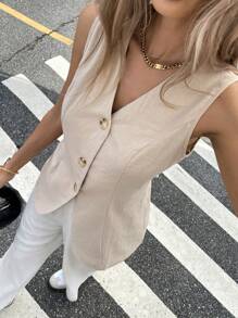 Siren Gaze Camisa de vestir informal de verano para mujer de unicolor con escote en V y abotonadura sencilla
