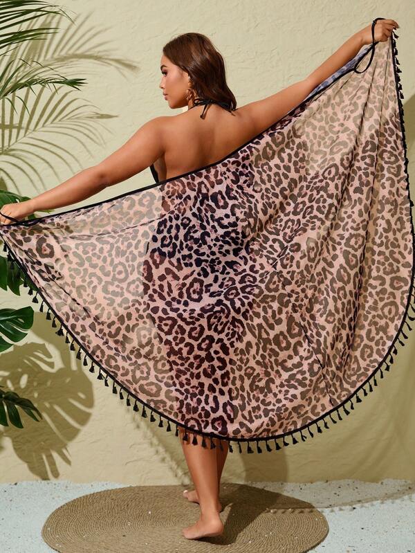 SHEIN Swim Curve Plus Size Contrast Color Trim Tassel Decor Leopard Print Casual Kimono Summer
