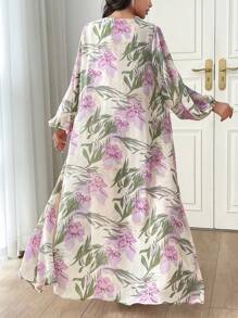 Al Najma Set 2 Potong Pakaian Wanita Musim Semi dan Gugur Motif Bunga Lengan Lentera dan Gaun Leher Bulat Warna Polos, Set Elegan 2 Potong - Purple - View 3