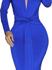 Women's Solid Color Deep V-Neck Twist Design Long Sleeve Cocktail Party Dress Wedding Guest Dress Spring - Royal Blue - View 5