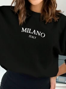SHEIN EZwear Sudadera holgada de manga larga con cuello redondo para mujer, estampado con el patrón de impresión de Milán, Italia, de estilo minimalista y casual