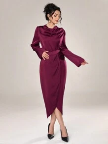 Modelyn 勃艮第红色 2 件女式纯色围脖领衬衫和迷你裙优雅套装，春秋两件套 - 酒紅色 - 查看 3