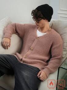 Manfinity Roghcode Men's Solid Color Single-Breasted V-Neck Casual Cardigan, Autumn/Winter - Camel - View 1