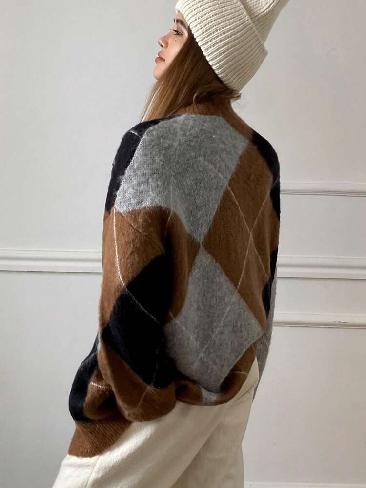 Rhombic Plaid Loose V-Neck Long Sleeve Women Cardigan,Fall Women Clothes Jacket