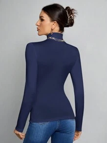 SHEIN Tall Simple Solid Color Slim High Collar Top Suitable For Autumn And Winter - Navy Blue - View 2