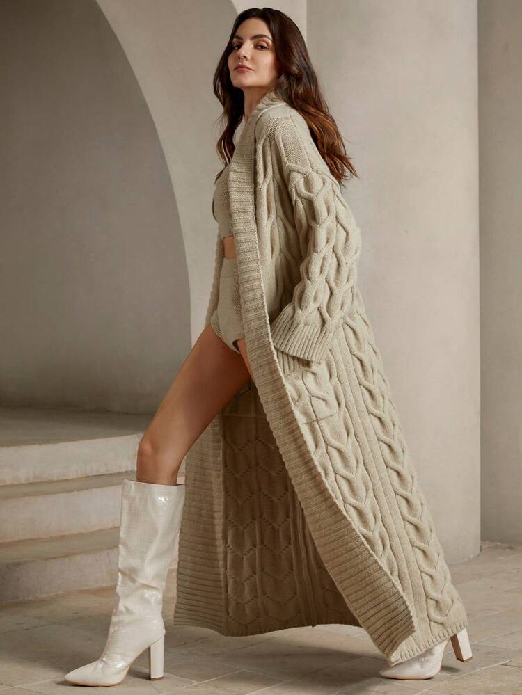 Anewsta Women's Elegant Long Cardigan With Collar And Cable Knit, Beige, Winter