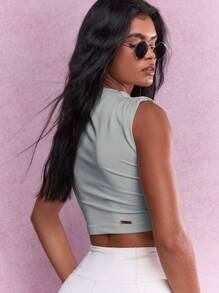 MISSGUIDED Jersey Polo Neck Cap Sleeves Fitted Crop Top - Grey - View 2