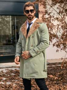 Manfinity Mode Men's Autumn Winter Color Block Fluffy Collar Double-Breasted Casual Trench Coat,Boyfriend Gift, Green Trench Coat,Versatile Items For Old Money - Green - View 3