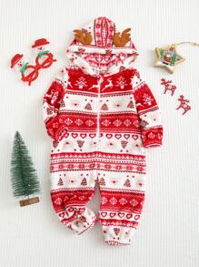 SHEIN Pasgeboren babyjongen/meisje kerstrendier & boompatroon dikke pluche jumpsuit, schattige stijlvolle warme outfit voor casual, vakantie, kerstfeestkleding