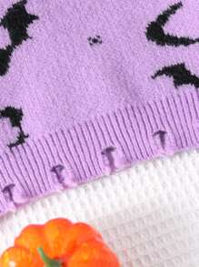 Áo len tay dài cổ chữ V họa tiết dơi cho bé gái tuổi mới lớn, áo thun thường ngày họa tiết dơi rách, hàng mới về thời trang mùa thu, dành cho tiệc Halloween - Màu tím - Xem 6