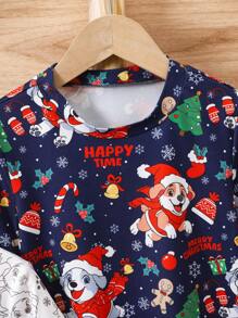 SHEIN Ensemble de 3 pièces pour jeunes garçons : écharpe, gants, bonnet imprimés avec bonhomme en pain d'épices, sapin de Noël et cloches de Noël, t-shirt doux et confortable à imprimé chien de dessin animé, adapté pour le printemps, l'automne et l'hiver