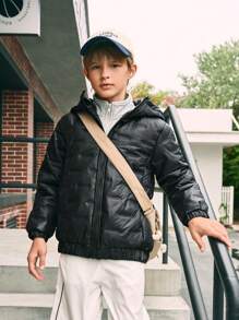 SHEIN Abrigo casual acolchado con capucha con cremallera y textura para niño preadolescente