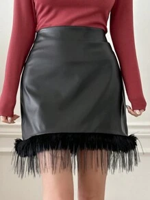 DAZY Women's PU Leather Fringe Fitted Skirt - Black - View 1
