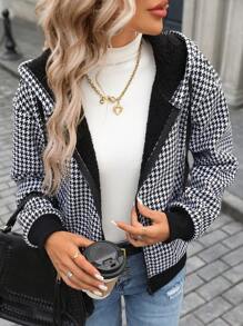 SHEIN LUNE 2024 Autumn Winter New Arrival Women's Houndstooth Fuzzy Zip Up Hooded Jacket Sweatshirt