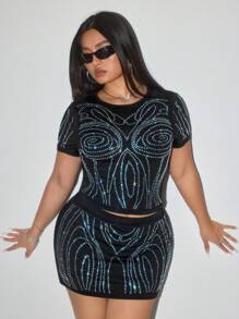 SHEIN ICON Plus Size Halloween Y2K Body Pattern Hot-Drilling Short Sleeve Skirt Two-Piece Set, Halloween Costume, Sexy Party Outfit