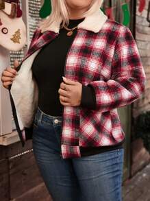 Chaqueta informal de manga larga con cuello esponjoso, efecto de bloque de color a cuadros, para mujer de talla grande, ideal para otoño e invierno - Rojo - Ver 4