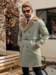 Manfinity Mode Men's Autumn Winter Color Block Fluffy Collar Double-Breasted Casual Trench Coat,Boyfriend Gift, Green Trench Coat,Versatile Items For Old Money - Green - View 5