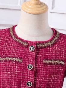 Young Girl Urban Red Tweed Contrast Mesh & Ribbon Accent Decorated Dress - Burgundy - View 5