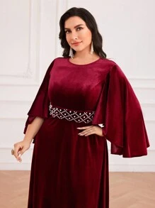 Modelyn Burgundy Red Plus Size Women's Spring & Autumn Elegant Dress With Pearl Decor & Ruffle Sleeves Long Evening Dresses - Burgundy - View 2