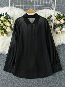 SHEIN Unity Áo sơ mi dài tay in hoa cỡ lớn giản dị cho nữ - màu đen - Xem 2