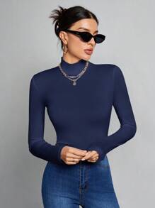 SHEIN Tall Simple Solid Color Slim High Collar Top Suitable For Autumn And Winter - Navy Blue - View 5