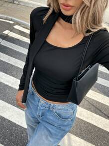 SHEIN Frenchy Women Black Stand Collar Long Sleeve Pleated Fitted Knit Top,Black T-Shirt,Square Neck Top With Scarf T-Shirt,Square Neck Lightweight Fine Knit Slim Fit With Stretch T-Shirt,Fall Women Clothes,Long Sleeve  T-Shirt,Black Long Sleeve T-Shirt,Black Long Sleeve Top